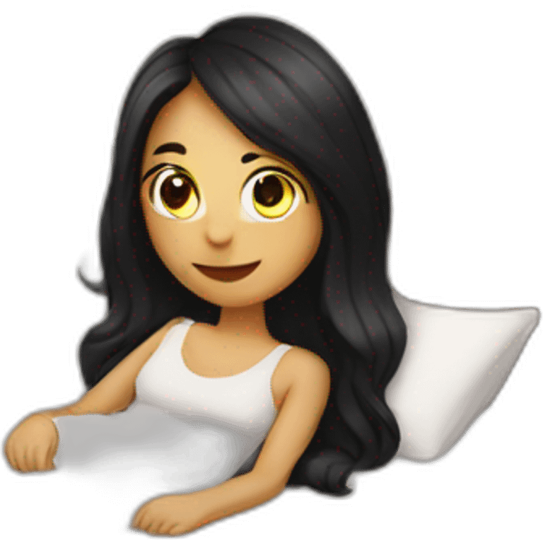 Girl with dark long hair in lying in bed full body emoji