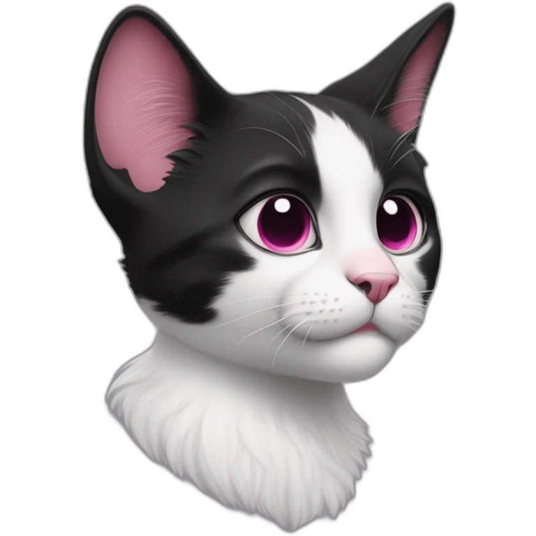 young black and white cat walking profile with round eyes, a pink nose, the white fur on his face only goes under the eyes to the bottom of his face, whispy tips on ears emoji