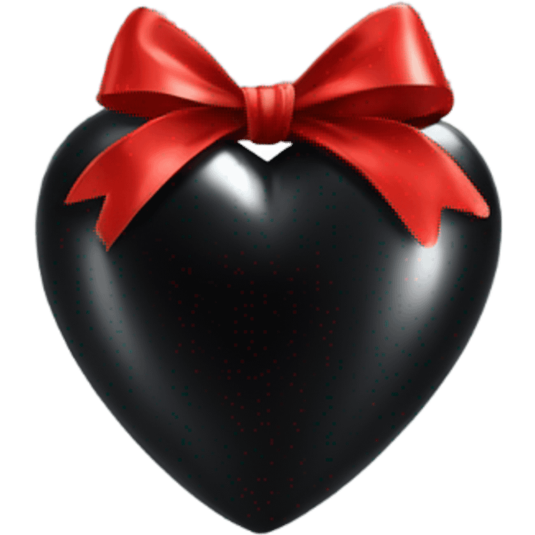 Very Shiny Black heart wrapped in red bow, realistic emoji