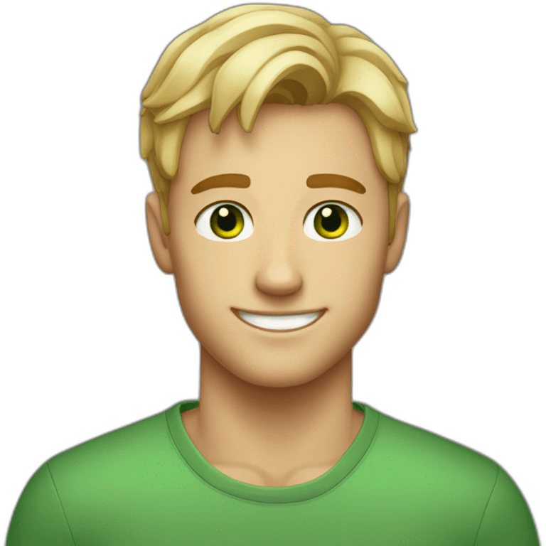 Handsome man smiling with freckles and green eyes. Short blond raid hair. emoji