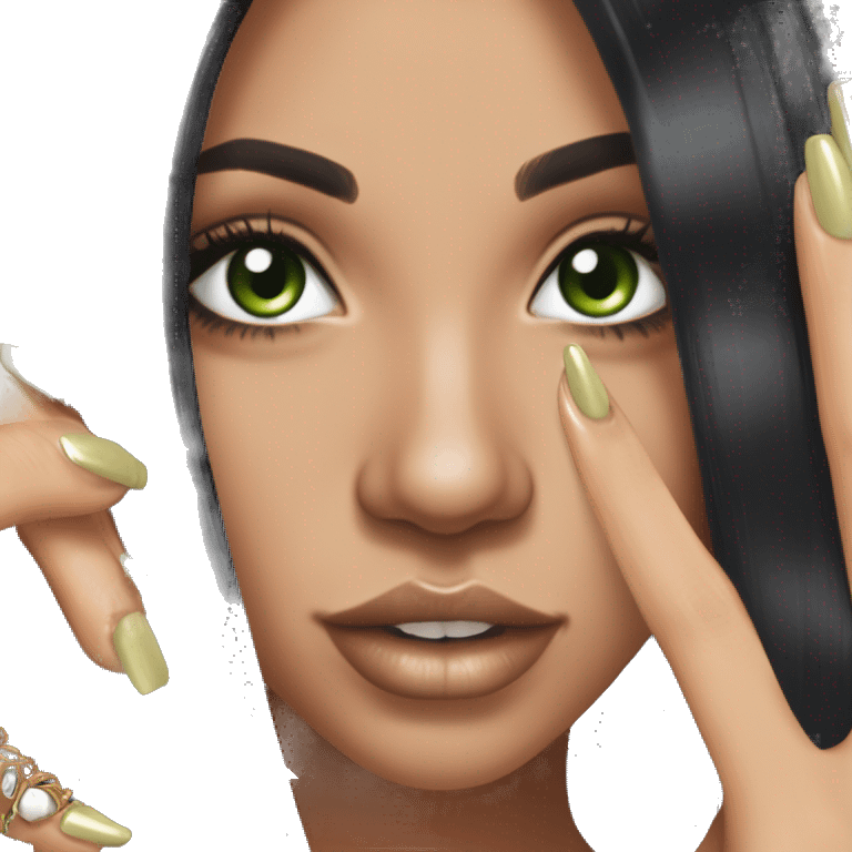 Glamorous, streetwear, black hair, long straight hair, olive skin, green almond eyes, winged eyeliner with big lashes, wearing hooped earrings, rings and bracelets, almond fake nails emoji