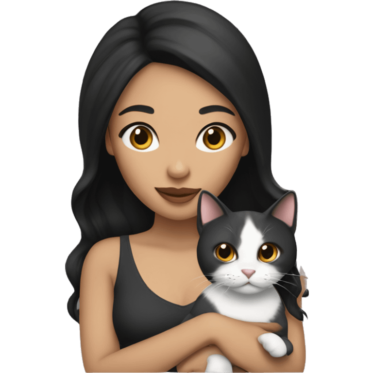 A light skinned woman with black hair holding a cat emoji