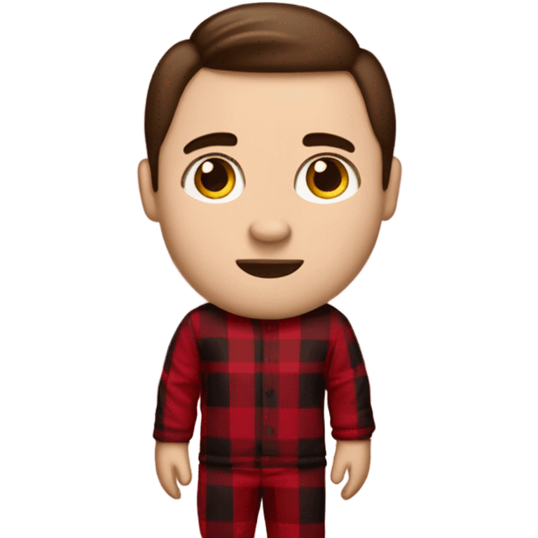 Man with straight brown hair and brown eyes wearing red and black buffalo plaid pjs. White skin. Full body. emoji