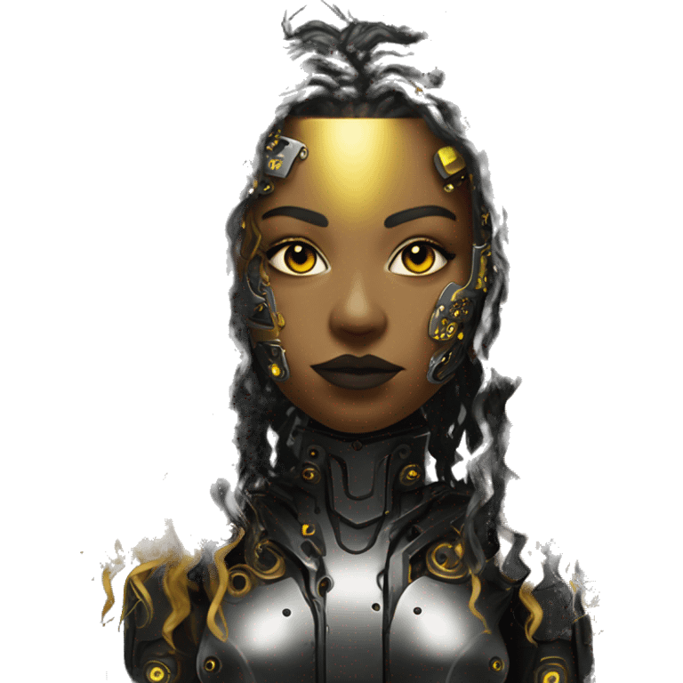 black metal female cyborg head with circuitry and yellow gold curly hair emoji