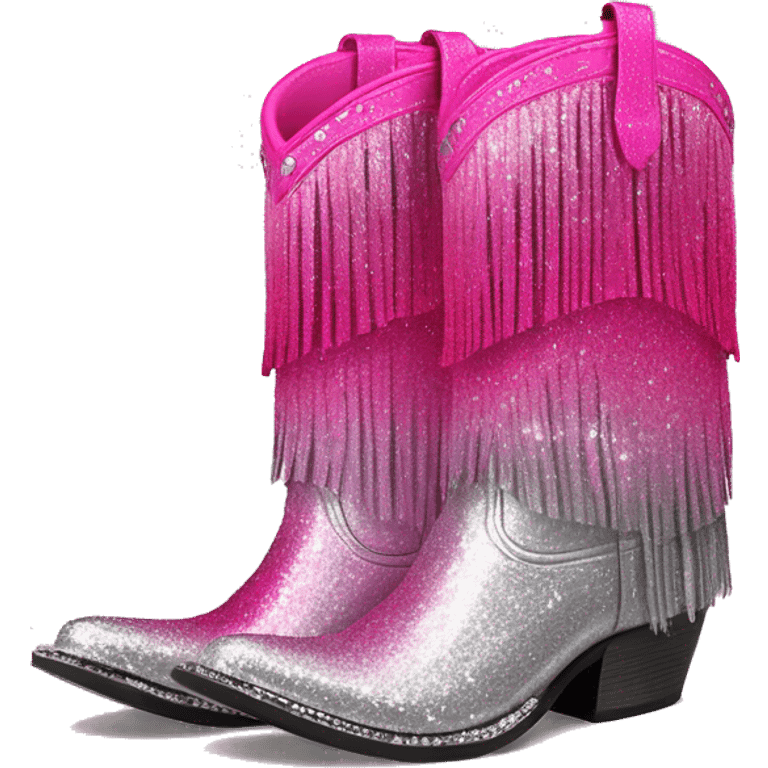 Realistic hot pink to silver ombre pair of fashion cowgirl boots with sparkly shiny glitter fringe on them. emoji