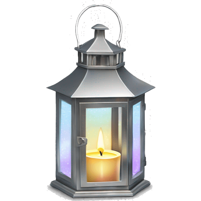 Realistic isolated metallic silver holographic lantern with glass windows and metallic silver lir candle inside. emoji