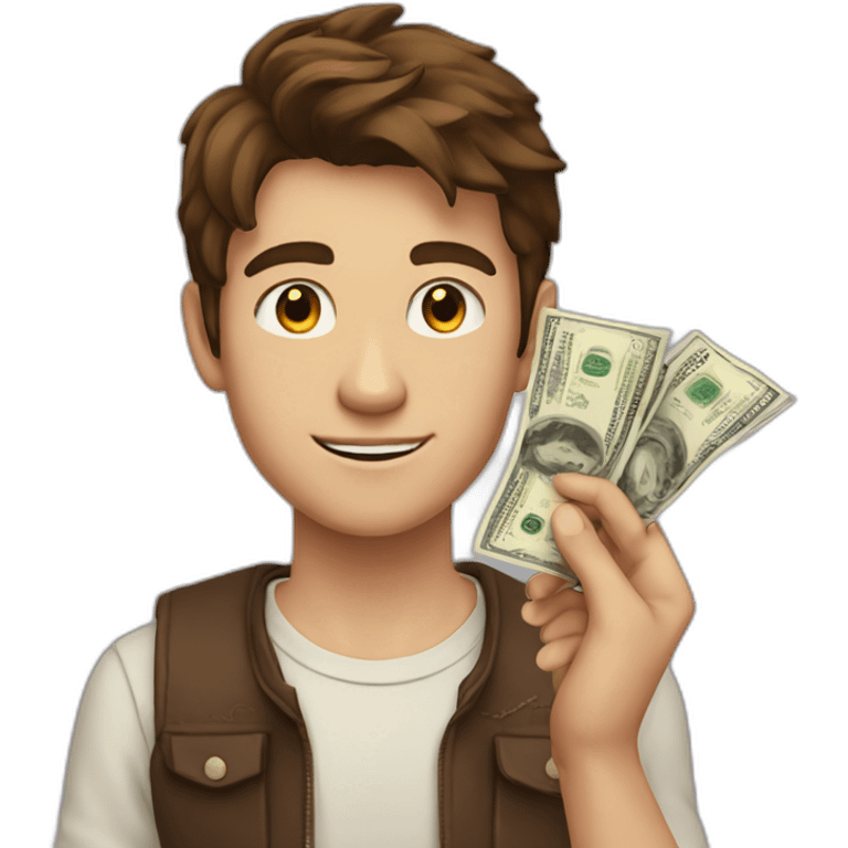 A rich teenagers with forward Brown hair and beige skin with money in his hand emoji