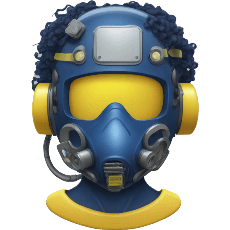 Dark Blue curly hair cyborg head with yellow respirator mask and circuitry emoji