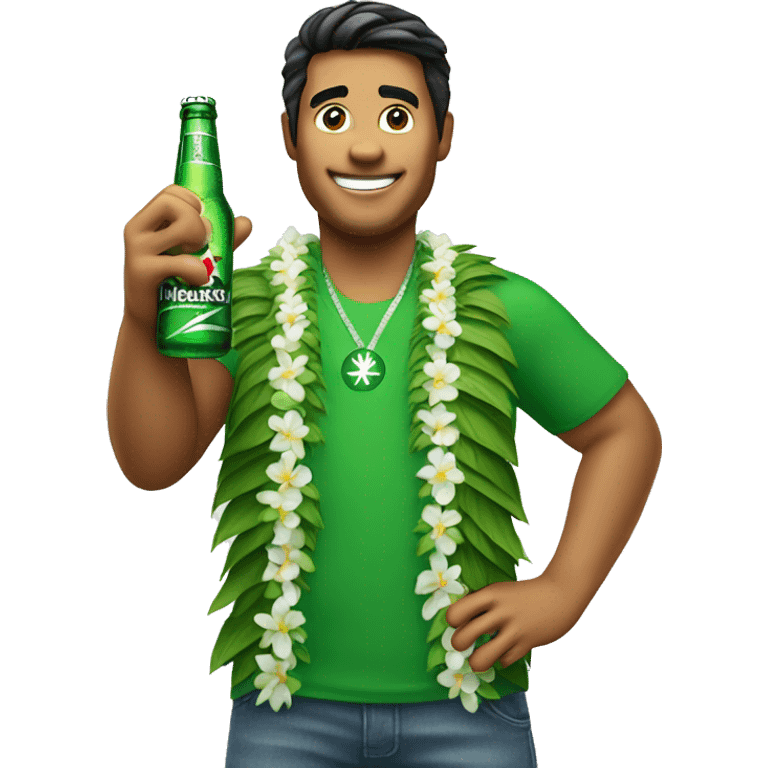 Hawaiian guy holding up a Shaka with a Heineken beer in his other hand  emoji