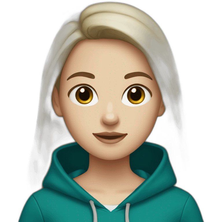 White Girl with darkbrown hair and blue eyes wearing darkgreen Hoodie emoji