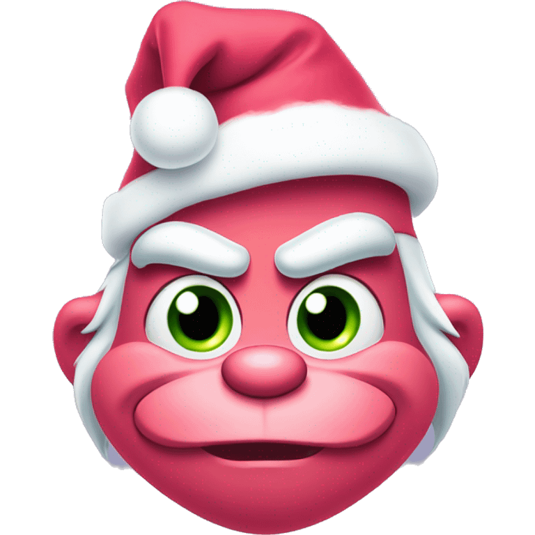 grinch face with a smirk wearing a light pink santa hat emoji