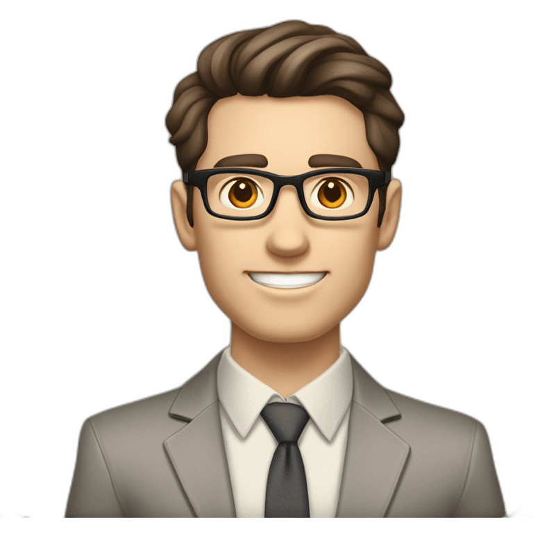 Pale skinned fit man with dark brown hair in gray jacket, beige office shirt, brown tie, brown pants and vintage glasses Writing on the flipchart emoji