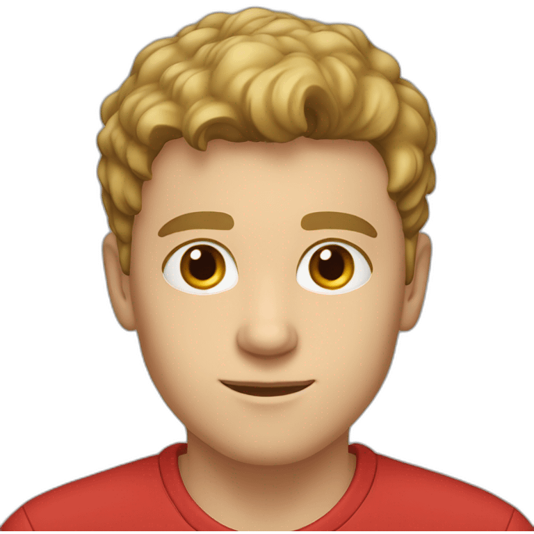 young white male with brown eyes and light brown mustage under nose, wearing red shirt emoji