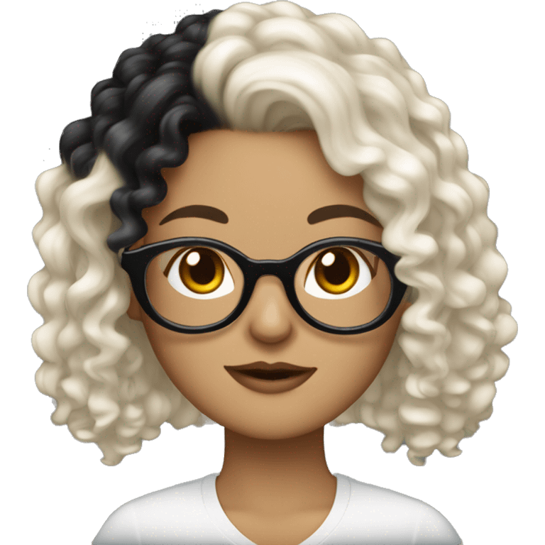 A White girl with curly medium length black hair and glasses holding a Yorkie  emoji