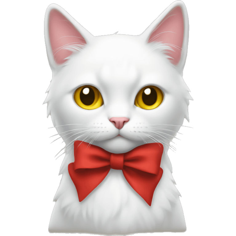 A cat that stands up on two feet has white fur and a yellow nose and a red bow emoji