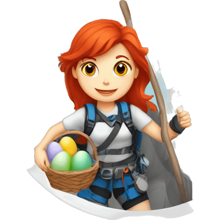 Female mountain climber red hair climbing with Greek flag and holding Easter eggs basket emoji