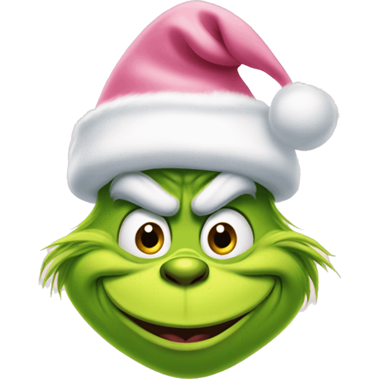 grinch face with a big grin wearing a light pink santa hat emoji