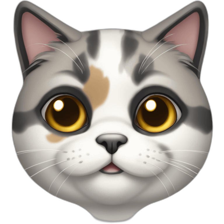 senior chubby diluted calico cat, white chin, black nose, grey ears, grey and white emoji