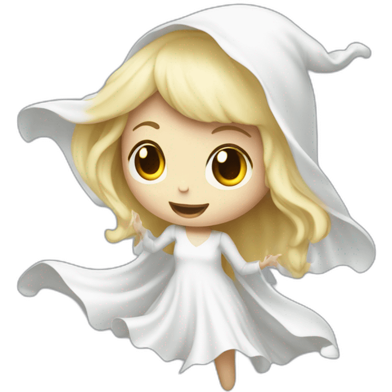 a blondie girl dressed as a ghost moving up the floor going to a party emoji