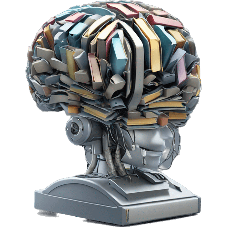 robotic brain with books floating inside the metallic mechanical brain folds emoji