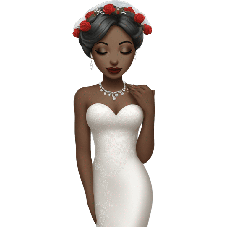 African bride. Makeup. Short black hair. Silver jewelry and long veil. Holding red roses. Eyes closed. emoji