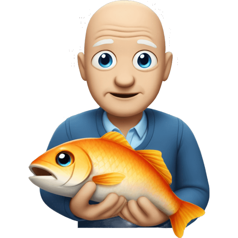 Bald old white man with blue eyes holding fish emoji