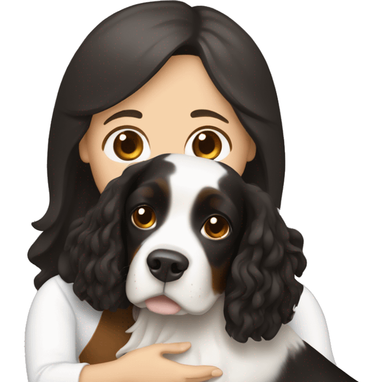 A white woman that has long black hair and honey brown eyes, hugging a white and brown springer spaniel dog  emoji