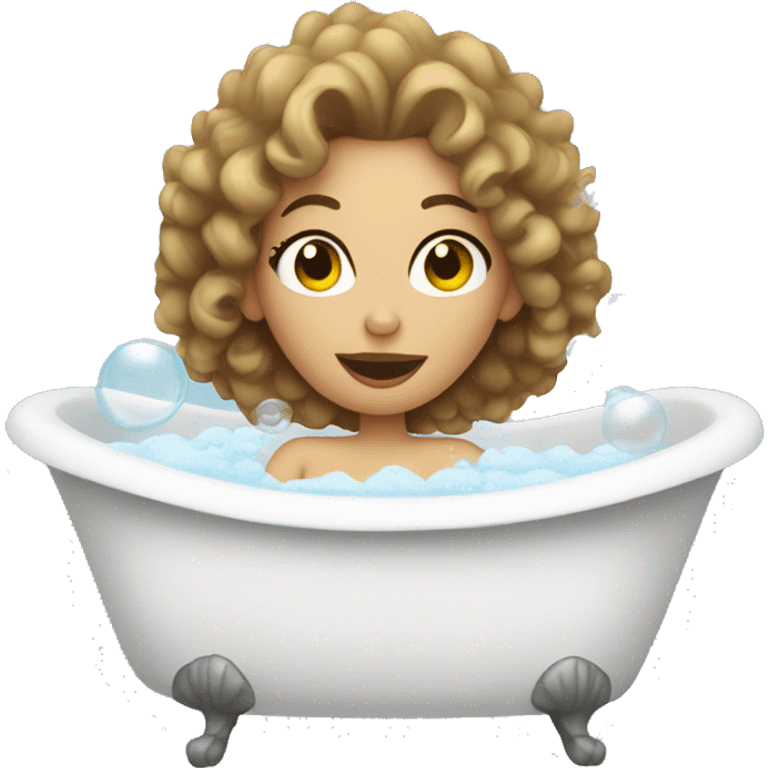 White Woman with curly hair drinking wine in a bubble bath emoji