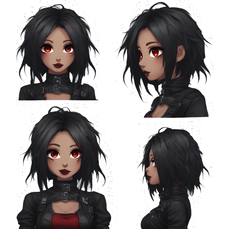 Gorgeous gothic dark techwear anime style lady with blushing face aesthetic and pretty edgy black red punk messy hair with collar and harness trending style emoji