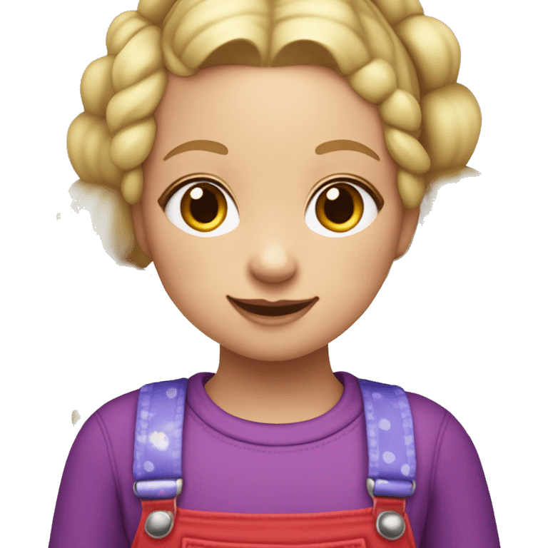 A little blonde girl with pigtails and little purple bows wearing a red long-sleeved shirt and purple overalls with blue tights with green polka dots and purple sneakers. emoji