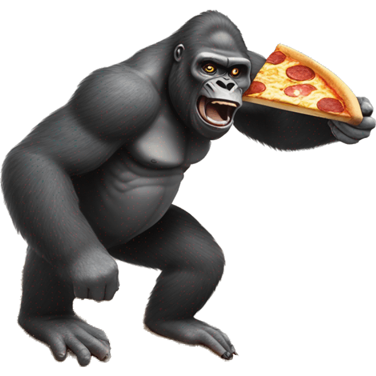 Gorilla riding surfboard while eating pizza emoji