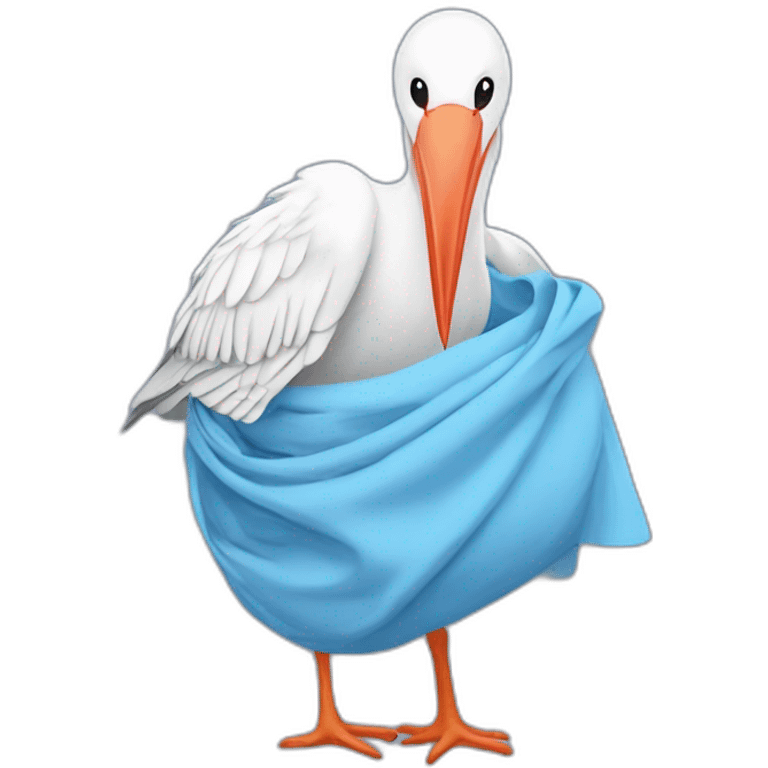 White stork carrying a blue bundle of cloth in its big beak that has a human person cute baby human inside and the human baby head is peeking from the fabric the strok is carrying in its beak emoji