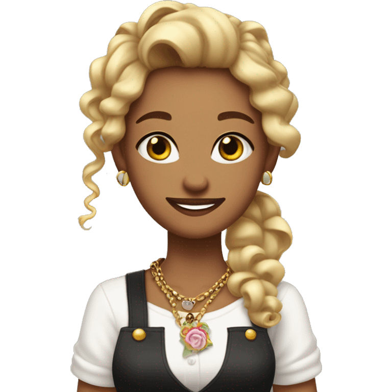 Waitress with white shirt and black apron, curly dirty-blonde hair in a pony tail, hazel eyes, LOTS of bohemian jewelry and bracelets  emoji