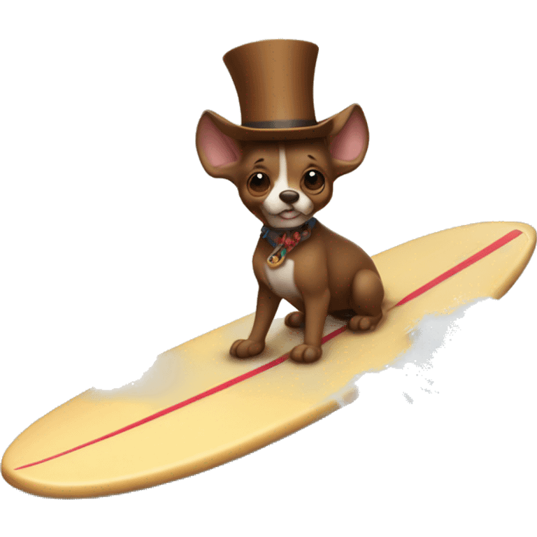 Brown chihahau riding surfboard with tophat and huge ears emoji