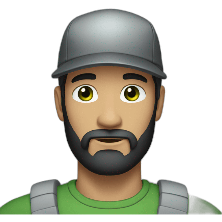 Man with black hair and beard, and green eyes, and a gray caps emoji