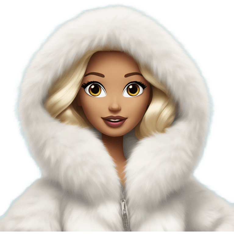 Barbie in an extremely big fluffy oversized white fur coat with hood on. The fur is real and it’s very obvious big and fluffy like in Pinterest  emoji