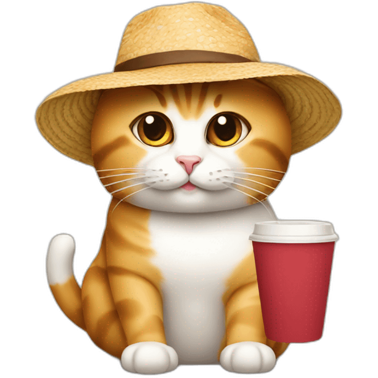 Cat with bagel and coffee wearing sun hat emoji