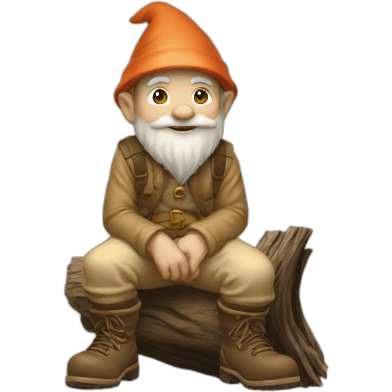 side view of gnome with light tan pants and light tan boots squatting in front of small brown log emoji