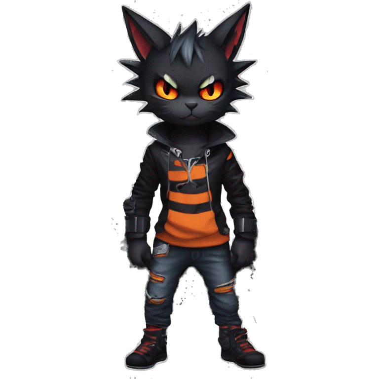 Cool Anthro Black Bat-Nargacuga-Litten-cat-Pokémon with edgy stripes hoodie spiked collar punk Full Body emoji