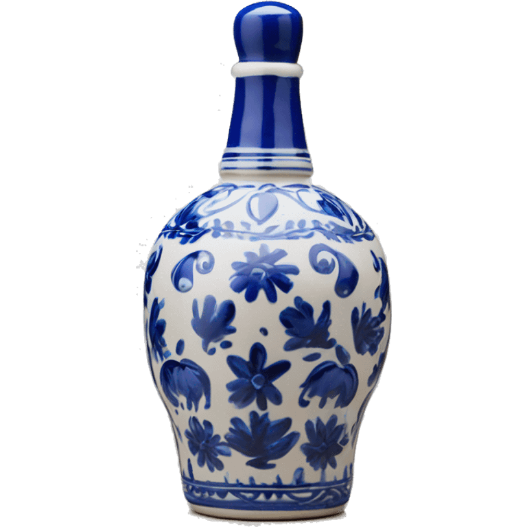 The Clase Azul Tequila bottle is a tall, hand-painted ceramic piece in white with cobalt blue floral designs, topped by a distinctive blue, bell-shaped stopper. emoji