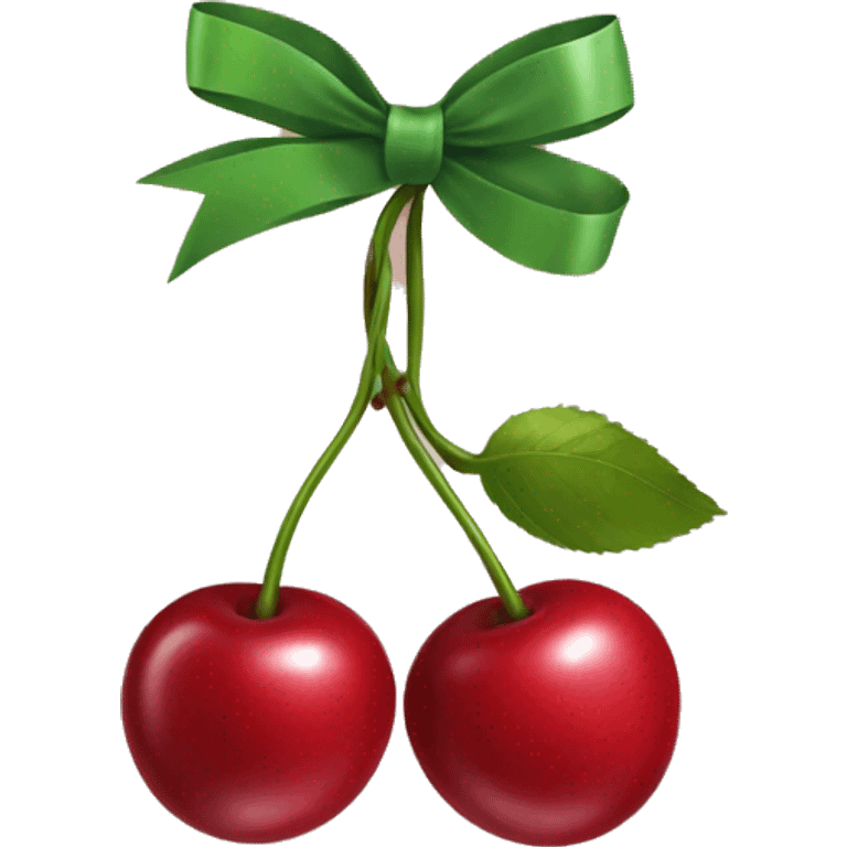 An emoji of two cherries hanging from a ribbon bow, with the cherries dangling below the tied bow emoji