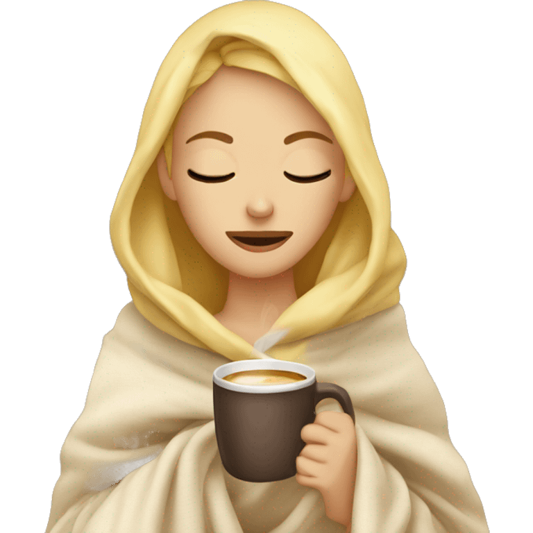 blonde girl inside a blanket sipping coffee eyes closed emoji