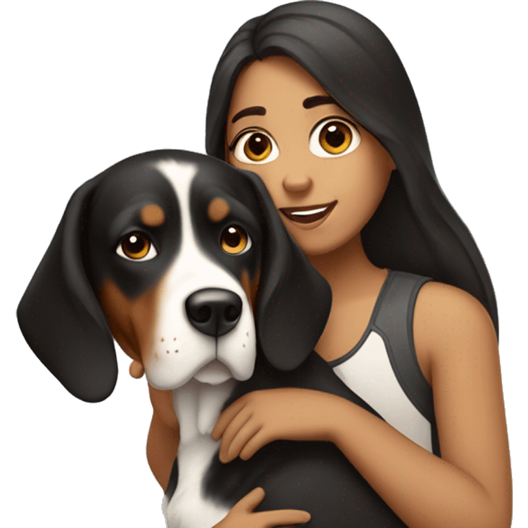 girl with long dark brown hair holding a greater swiss mountain dog emoji