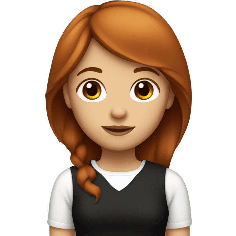 A girl with brownish red hair that has side bangs and a black top emoji