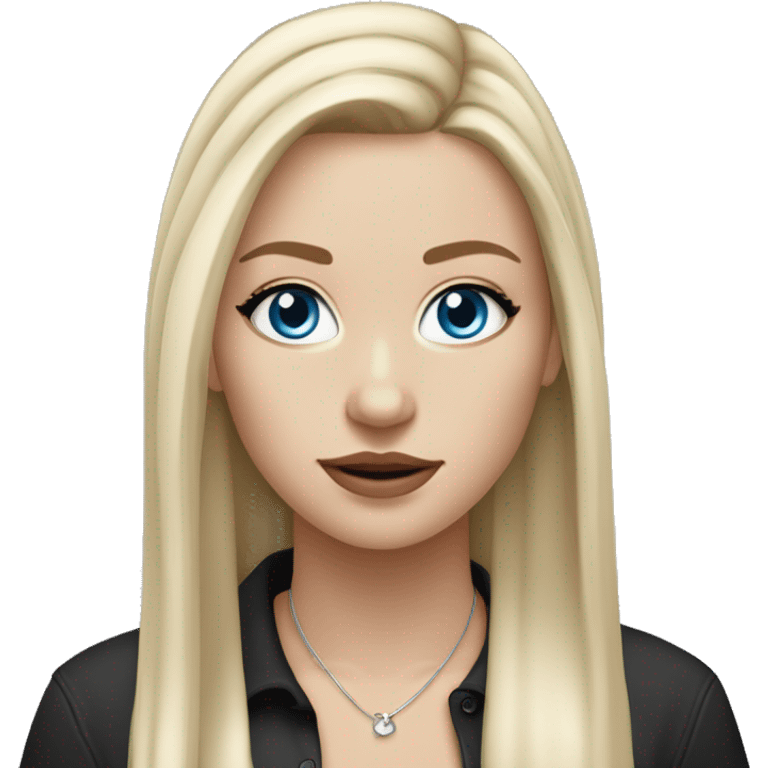 White girl with blonde hair and blue eyes and black long eyelashes with a silver hoop nose piercing and long straight hair with blonde highlights and wearing a black shirt emoji