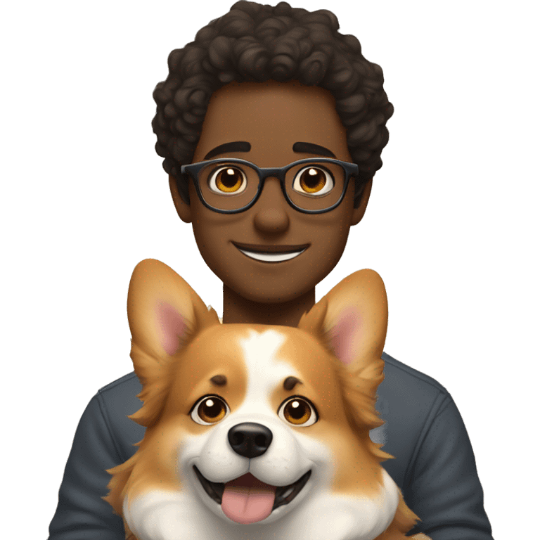 A young man with wavy hair and thin eyeglasses hugs a corgi emoji