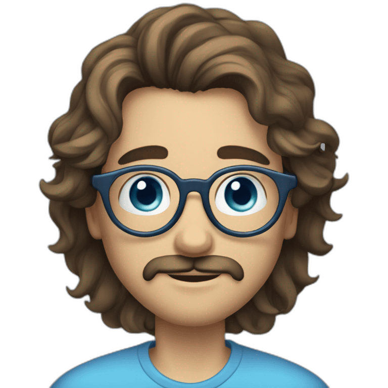 30 years old guy, with round glasses, blue eyes, long wavy hair, moustache circular glasses emoji