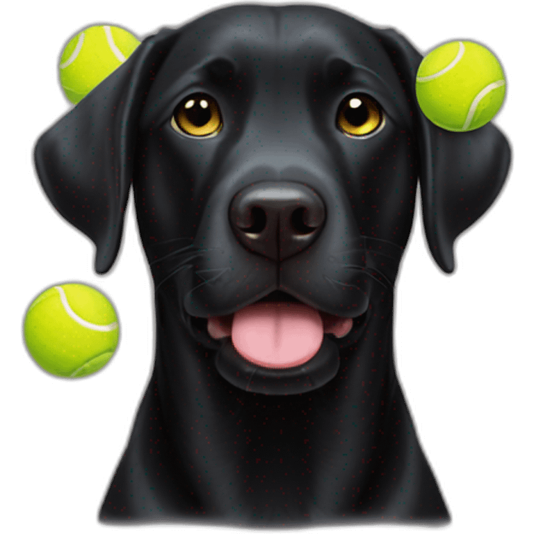 Black Labrador retriever stuffed three tennis balls inside his mouth small eyes emoji