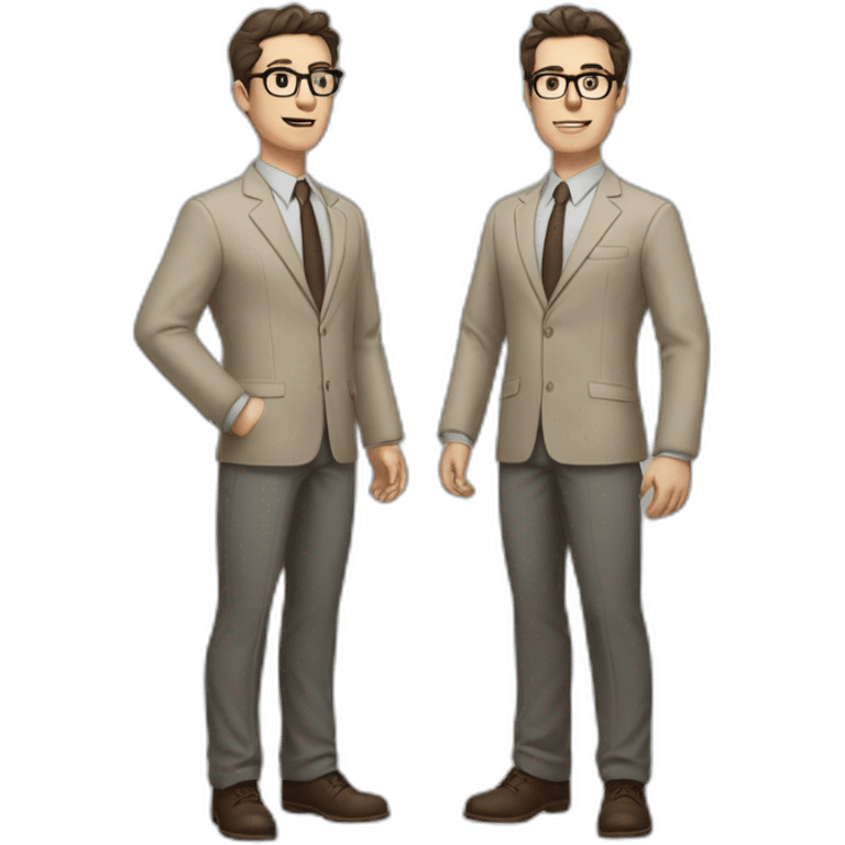 Full height Gesticulating Pale skinned fit man with dark brown hair in gray jacket, beige office shirt, brown tie, brown pants and vintage glasses. emoji