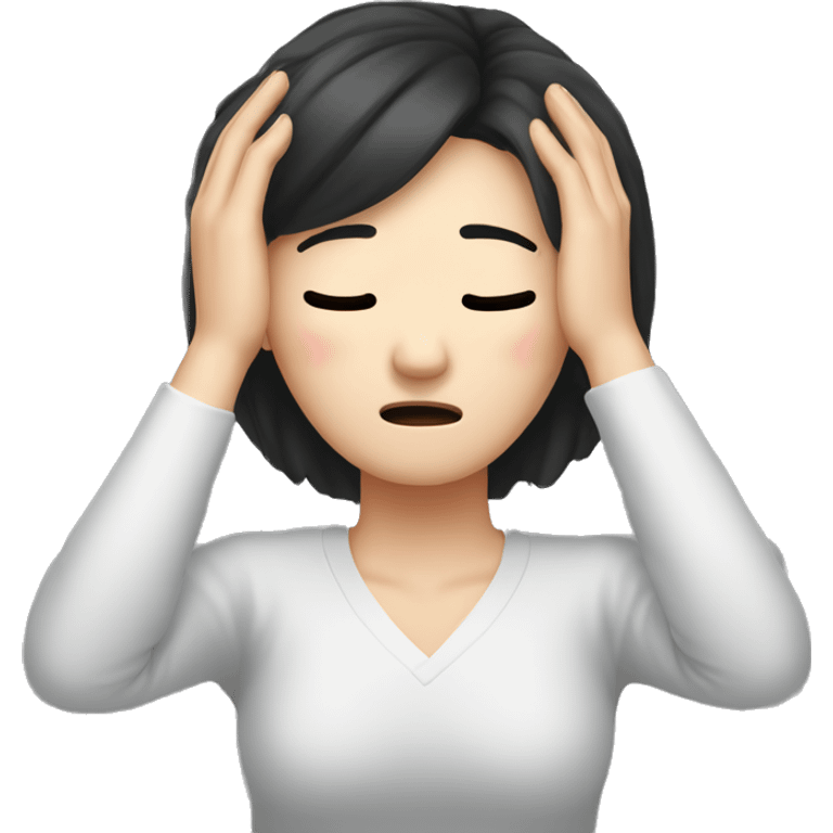 Headache, middle-aged Korean woman in her 40s, with only one hand on her head, painful face, black hair emoji